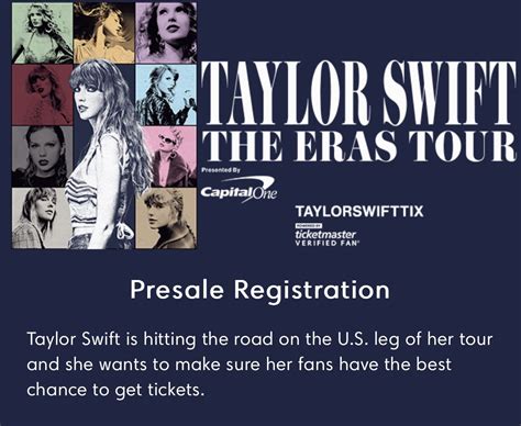 Wednesday, June 7 @ 11:59pm CDMX – Registration closes. Monday, June 12 – Fans will receive confirmation if they will have access to the sale or if they have been placed on the waitlist. Tuesday, June 13 through Thursday, June 15 – Taylor Swift | The Eras Tour Verified Fan sale (only fans that received an email confirming their access ...